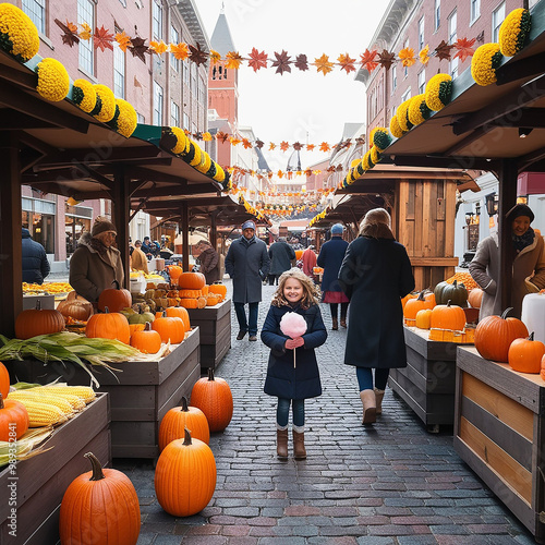 A city market fair in the town square, with stands selling pumpkins, apples, corn, and hot cider