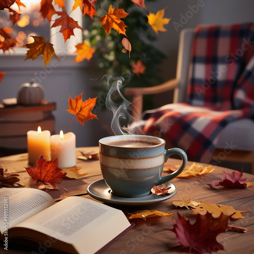 A ceramic cup of hot coffee or tea on a wooden table decorated with fallen autumn leaves