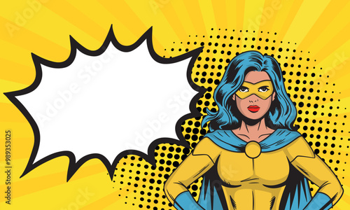 Vector illustration of superwoman in retro pop art comic style. Beautiful girl in superhero costume with speech balloon