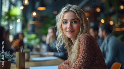 Wallpaper Mural Creative Smiling Woman in Cozy Cafe Setting with Warm Lighting and Greenery. Torontodigital.ca
