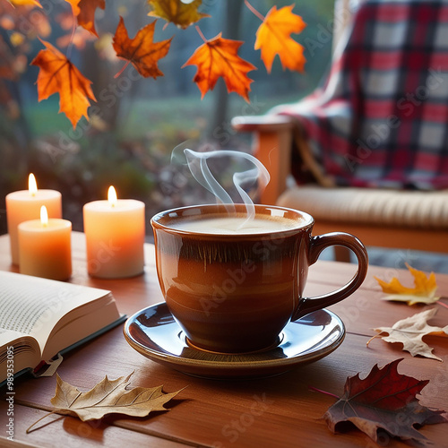 A ceramic cup of hot coffee or tea on a wooden table decorated with fallen autumn leaves