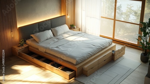 A modern, minimalist bed frame with built-in storage drawers. photo