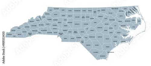 North Carolina counties, gray political map with borders and county names. State in the Southeastern region of United States subdivided into 100 counties. Nicknamed Tar Heel State and Old North State.