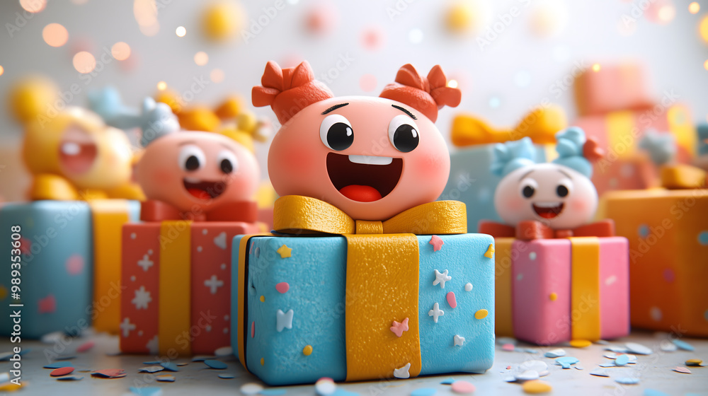 Bright cartoon gifts with cute characters celebrating a joyful event, full of colorful decorations in a festive atmosphere! Bright cartoon gifts with cute characters celebrating a joyful event, full of colorful decorations in a festive atmosphere!