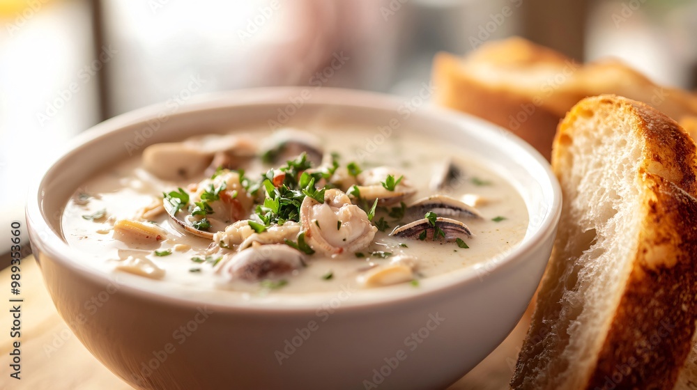 Close up of creamy clam chowder with fresh parsley in a white bowl with bread on the side. Close up of creamy clam chowder with fresh parsley in a white bowl with bread on the side.