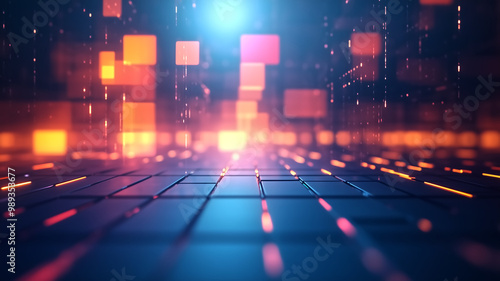 A vibrant digital landscape featuring glowing cubes and a keyboard, symbolizing technology, data, and connectivity.