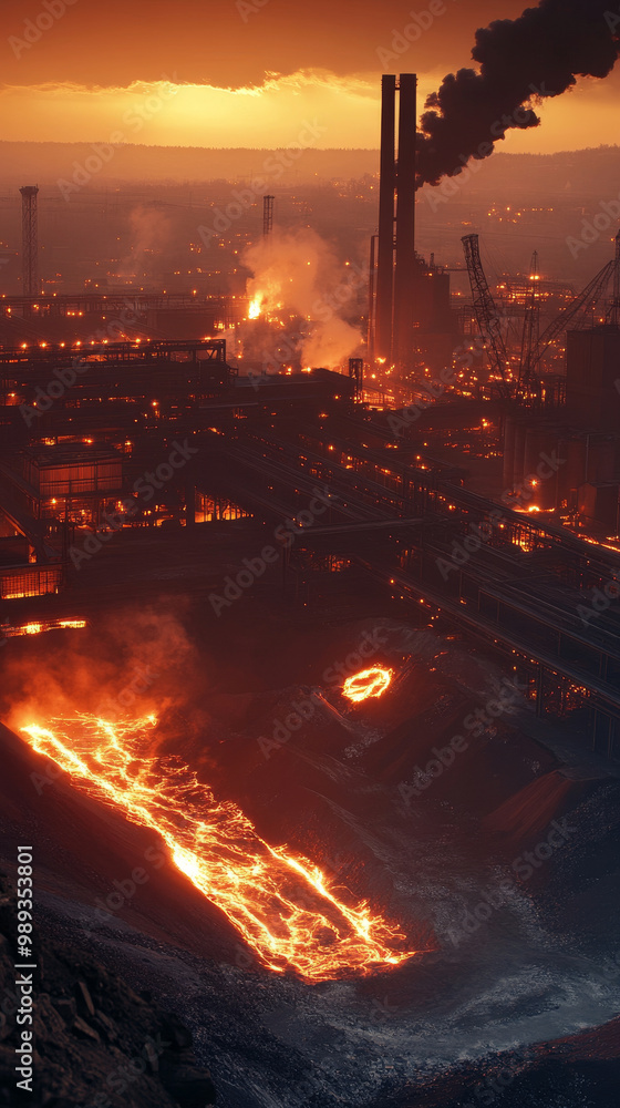 A steel factory at dusk with molten metal glowing, creating dramatic industrial scene. vibrant orange and red hues of molten metal contrast with dark silhouettes of machinery and smoke A steel factory at dusk with molten metal glowing, creating dramatic industrial scene. vibrant orange and red hues of molten metal contrast with dark silhouettes of machinery and smoke