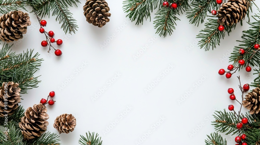 Christmas Frame with Pine Branches and Berries on White Christmas Frame with Pine Branches and Berries on White