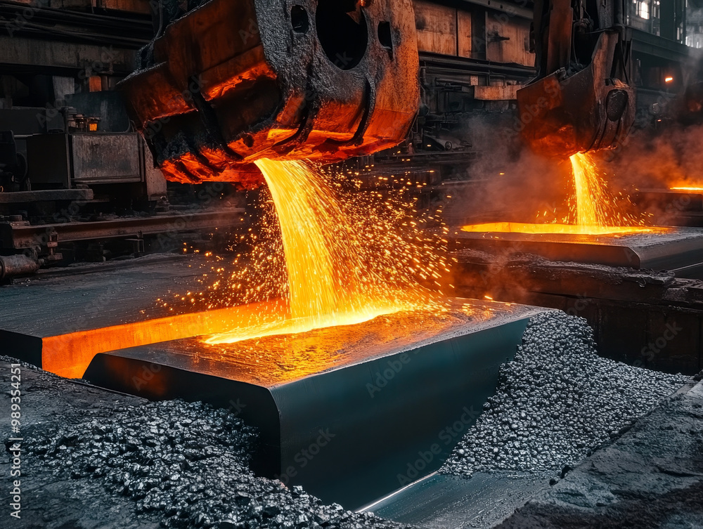 Molten metal is being poured into molds in massive steel factory ...