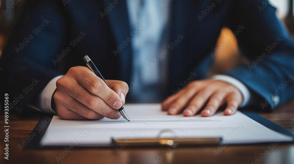 Businessman Sitting at Desk Signing a Contract Paper with Pen, Sealing a Lease, Mortgage, Employment, or Partnership Deal Businessman Sitting at Desk Signing a Contract Paper with Pen, Sealing a Lease, Mortgage, Employment, or Partnership Deal