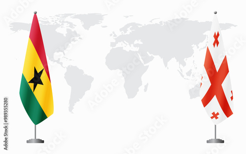 Ghana and Georgia flags for official meeting against background of world map.