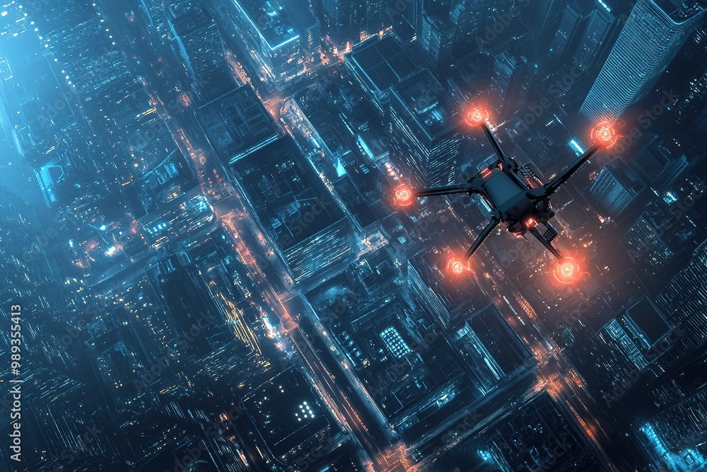 Fototapeta premium Drone flying over futuristic cityscape at night