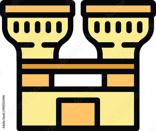 Medieval castle with two towers and gate, pixel perfect icon of middle ages fortification