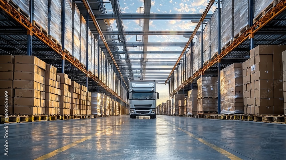 Fototapeta premium Large warehouse interior with pallets and delivery truck