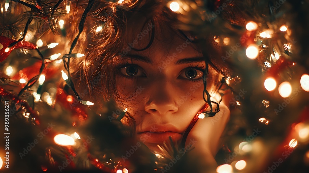 Joyful Chaos - Person Entangled in Twinkling Holiday Lights against Festive Background Joyful Chaos - Person Entangled in Twinkling Holiday Lights against Festive Background
