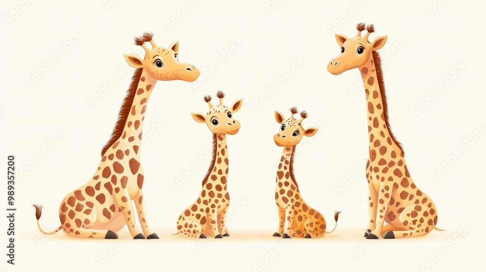 Obraz premium Four cute cartoon giraffes of varying sizes, showcasing a family theme, stand on a light background, embodying playful charm and whimsy.