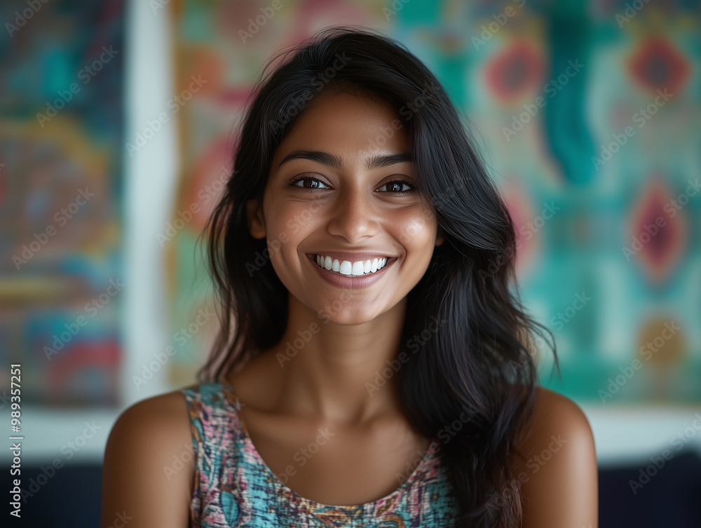 Portrait of an attractive Indian woman smiling, wearing a casual dress in her living room Portrait of an attractive Indian woman smiling, wearing a casual dress in her living room