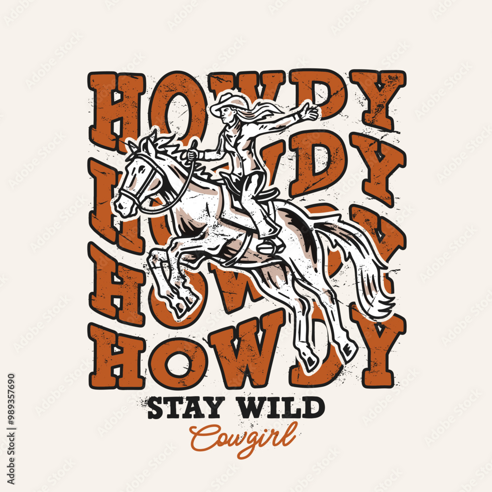 Vector T-shirt graphic features a dynamic cowgirl on horseback with bold, vintage-style Vector T-shirt graphic features a dynamic cowgirl on horseback with bold, vintage-style