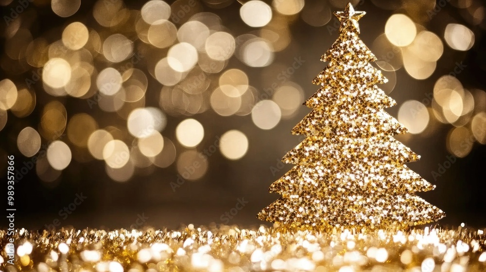 A dazzling golden Christmas tree adorned with glitter and surrounded by elegant presents and shimmering stars on a black backdrop A dazzling golden Christmas tree adorned with glitter and surrounded by elegant presents and shimmering stars on a black backdrop