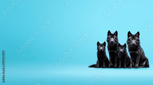 Four black dogs sit together against a bright blue background, showcasing their playful and friendly nature. photo