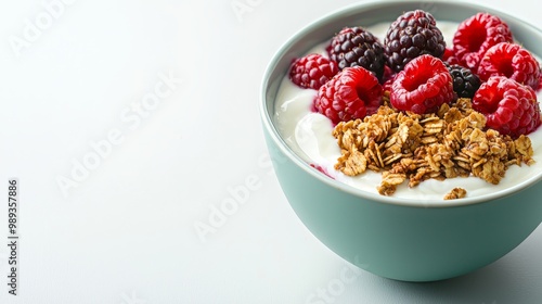 Gourmet Yogurt Bowl with Fresh Berries and Granola - Close-up Food Still Life on Light Blue Ceramic - Health Concept for Wellness Blogs