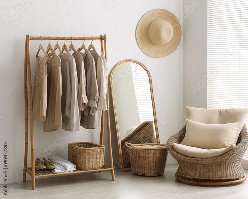 Bohemian Minimalist Haven Serene Bamboo Clothing Rack in Neutral Palette, Symmetrical Layout with Wicker Chair and Mirror, Light-filled Room with a Natural Aesthetic