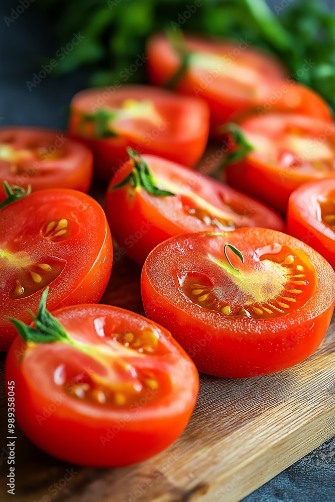 Half-sliced tomatoes arranged neatly on a wooden cutting board with green stems intact, highlighting freshness. Half-sliced tomatoes arranged neatly on a wooden cutting board with green stems intact, highlighting freshness.
