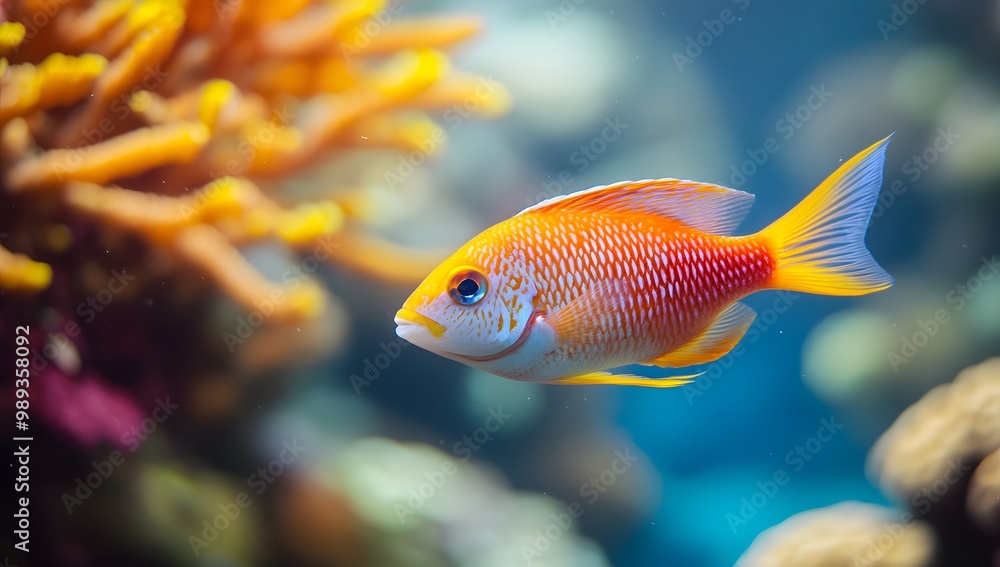 A vibrant coral reef fish swimming gracefully through the water, its bright orange and white scales contrasting with the colorful corals in the background A vibrant coral reef fish swimming gracefully through the water, its bright orange and white scales contrasting with the colorful corals in the background