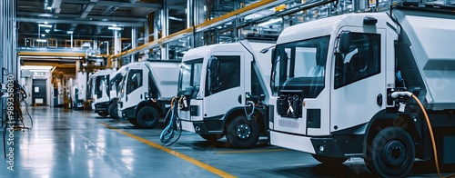 A row of electric garbage trucks charging at an indoor power station, with the vehicles being white and modern in design
