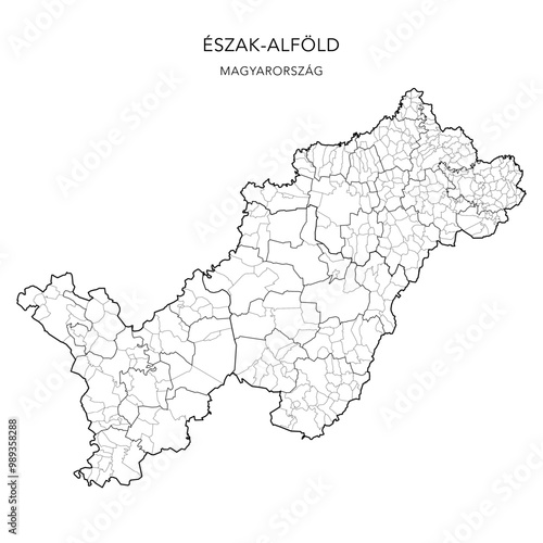 Administrative Map of the Northern Great Plain Region (Észak-Alföld) with Counties (Vármegyék), Districts (Járások) and Municipalities (Télépülések) as of 2024 - Hungary - Vector Map