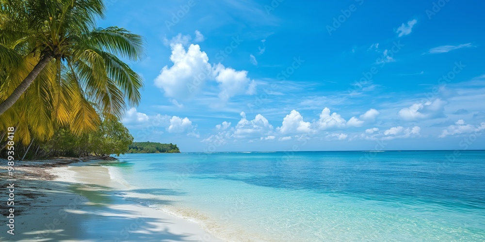 Fototapeta premium A picturesque tropical beach with crystal clear waters, white sand, and lush palm trees under a bright blue sky.