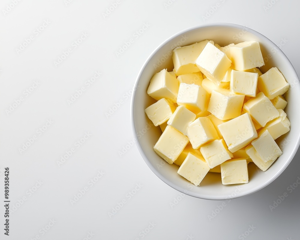 Luxurious Macro View of Cubed Butter in White Ceramic Bowl on Minimalist Background - Culinary Delight and Cooking Inspiration Luxurious Macro View of Cubed Butter in White Ceramic Bowl on Minimalist Background - Culinary Delight and Cooking Inspiration