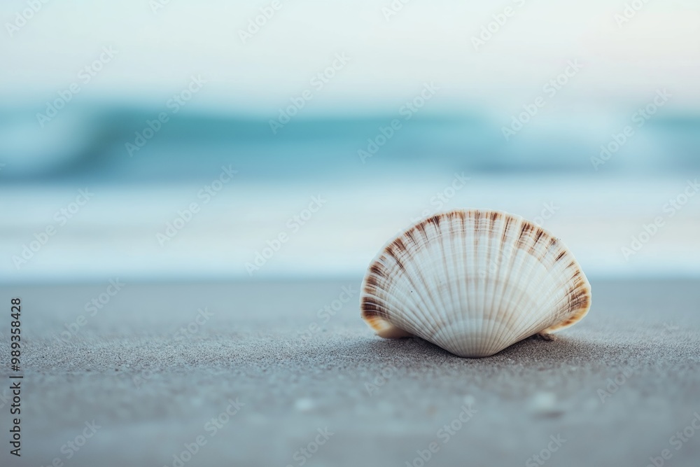 A solitary seashell resting on sandy beach with calm waves in the background, showcasing nature's simplicity and beauty. A solitary seashell resting on sandy beach with calm waves in the background, showcasing nature's simplicity and beauty.