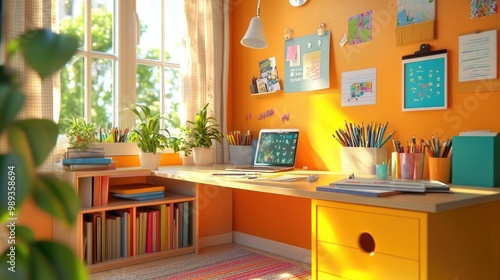 A playful study desk with bright colors and storage for books and supplies.