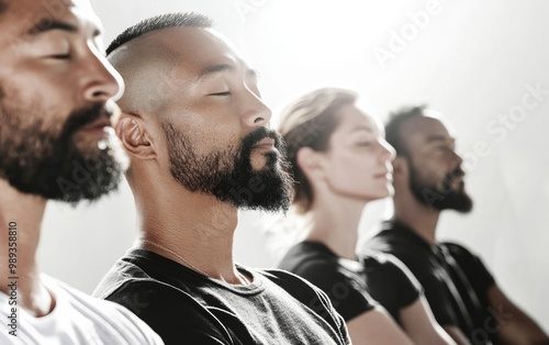 Diverse Group Meditating with Digital Wellness Tools in Minimalist Sunlit Room, Promoting Balance and Serenity