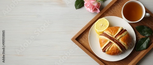 Luxurious Morning Breakfast Tray with Hot Cross Bun, Lemon, and Tea on White Wooden Surface - Tranquil and Elegant Concept