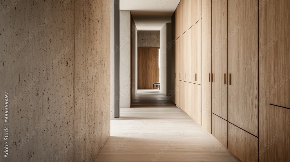 Minimalist Modern Hallway Tranquil Perspective of Concrete and Wood Textures in Neutral Tones, Serene Atmosphere for Design Inspiration Minimalist Modern Hallway Tranquil Perspective of Concrete and Wood Textures in Neutral Tones, Serene Atmosphere for Design Inspiration