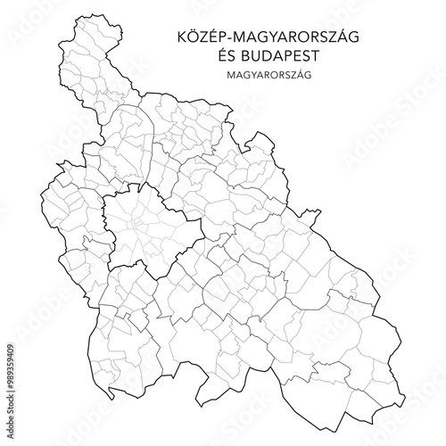 Administrative Map of Central Hungary Region (Közép-Magyarország) with Counties (Vármegyék), Districts (Járások), Municipalities (Télépülések) & Budapest Districts (Kerületek) 2024 - Hungary Vector