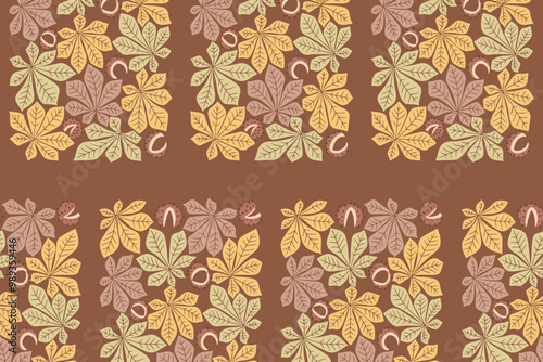 Retro tile seamless pattern with autumn leaves in retro 60s style on dark background. Chestnut leaves and berries in vintage colors. Rectangle botanical composition