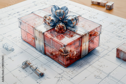 Creative diagram for gift wrapping techniques featuring a beautifully wrapped present on design blueprints across a workspace. Generative AI