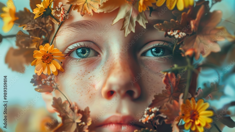 Close-Up Portrait of a Child with Flowers and Leaves Close-Up Portrait of a Child with Flowers and Leaves