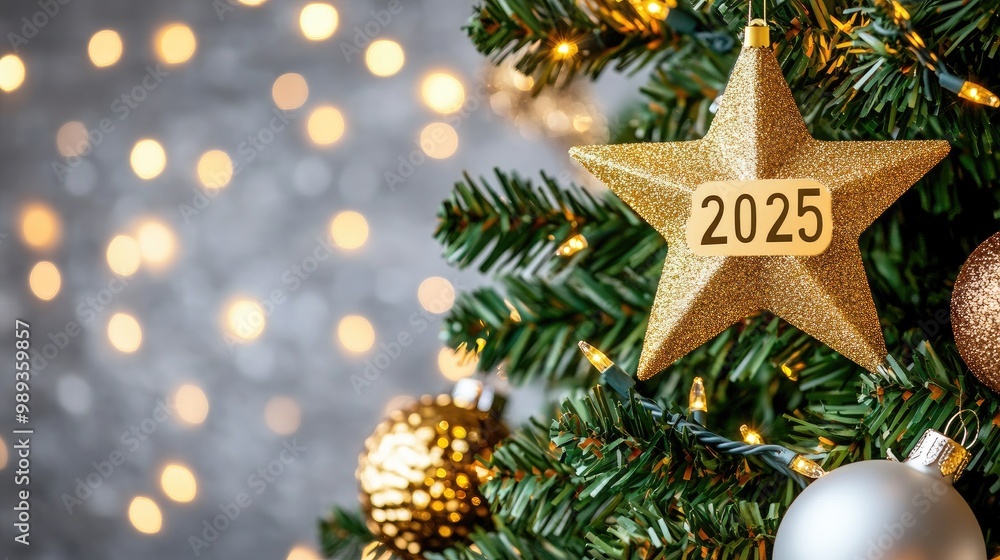 A golden Christmas star ornament engraved with 2025 shines brightly on a decorated evergreen tree in a cozy holiday setting A golden Christmas star ornament engraved with 2025 shines brightly on a decorated evergreen tree in a cozy holiday setting
