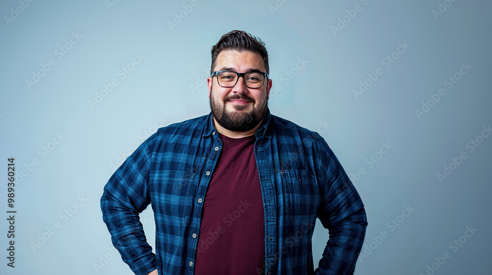 Fototapeta premium un homme de face, en chemise, barbu, cheveux courts et lunettes de vue, en surpoids, style studio de mode