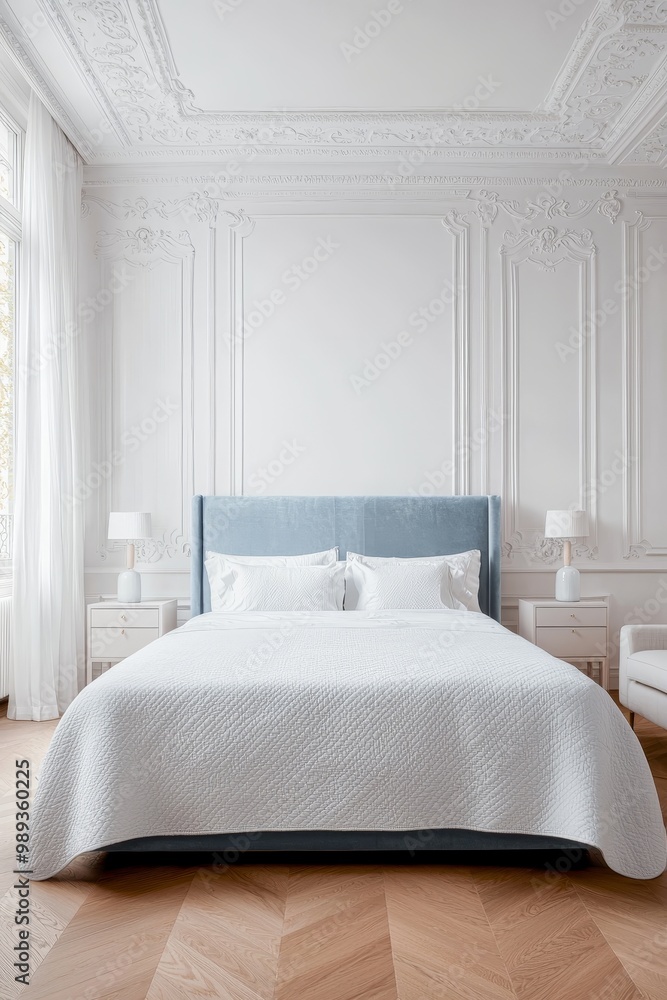 Luxurious Bedroom Interior with Symmetrical Layout, Light Blue Upholstered Bed, Ornate Molding Walls, Serene Atmosphere Luxurious Bedroom Interior with Symmetrical Layout, Light Blue Upholstered Bed, Ornate Molding Walls, Serene Atmosphere