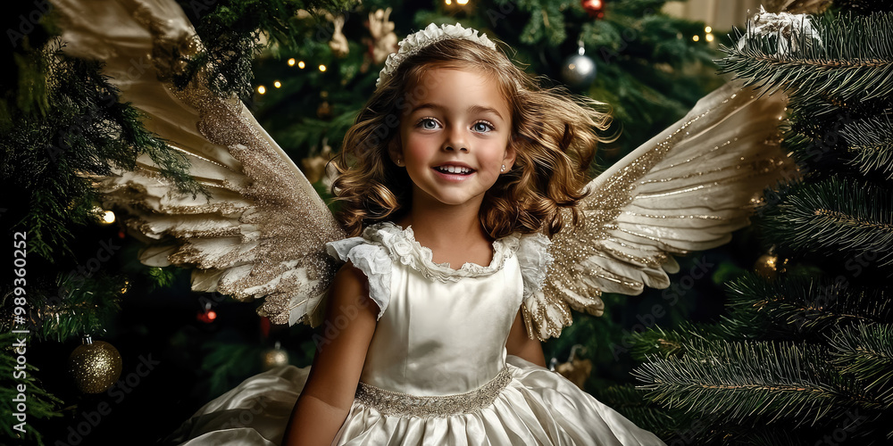little girl in a dress with angel wings on the background of a Christmas tree, new year, masquerade, carnival, child, holiday, party, celebration, postcard, winter, december, portrait, kid, childhood little girl in a dress with angel wings on the background of a Christmas tree, new year, masquerade, carnival, child, holiday, party, celebration, postcard, winter, december, portrait, kid, childhood