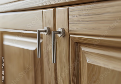 Close-up of Wooden Cabinet Doors with Silver Handles