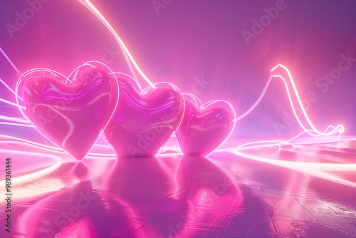 Abstract 3D neon pink heart shapes illuminated with flowing forms for Valentine s day backdrop


