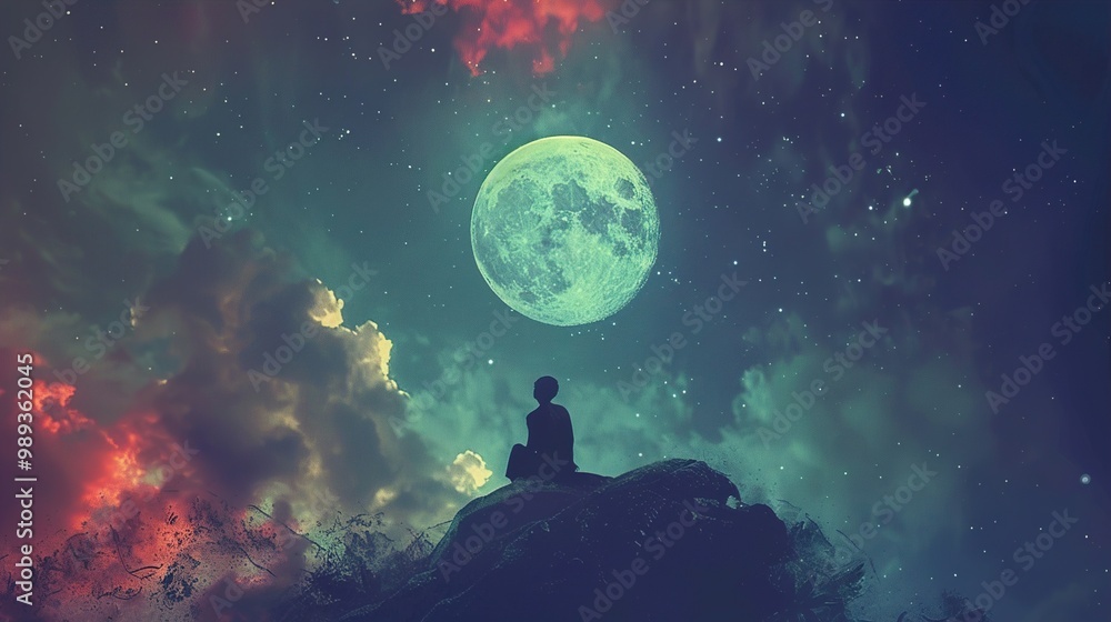 Silhouette of a Person Gazing at the Moon in a Starry Night Silhouette of a Person Gazing at the Moon in a Starry Night