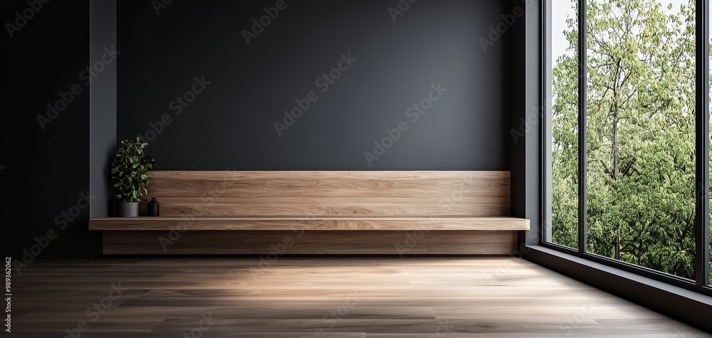 Serene Minimalist Wooden Bench in Modern Lobby with Forest View - Tranquil Interior Design Concept Serene Minimalist Wooden Bench in Modern Lobby with Forest View - Tranquil Interior Design Concept