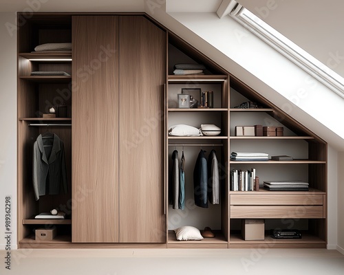 Symmetrical Wood Closet System in Contemporary Room with Skylight, Cozy Lighting, and Efficient Storage - Interior Design Inspiration